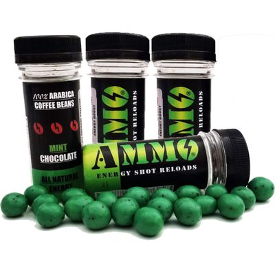 AMMO Natural Energy MINT Chocolate Coffee Rounds Caffeinated Shot Reloads White Milk Dark Chocolate Coffee Beans USA (40Count)