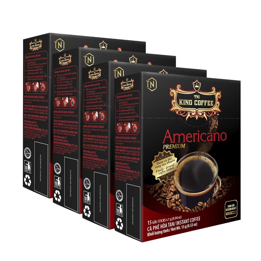 TNI King Coffee Americano Premium, Medium Roast Vietnamese Coffee, Finely-ground, Mild acidity, 15 sticks x 1g (0.04oz), Pack of 4