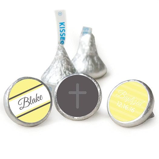 Personalized Yellow Baptism Kisses & Stickers (Assembly Required - 1 lb of Candy + 1 Sheet of Stickers)