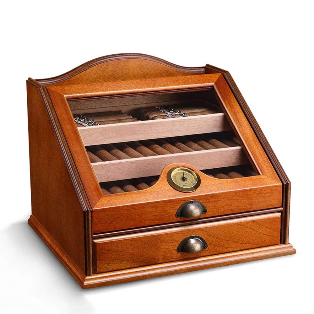 Cedar Cigar Humidor Case Removable Tray Cigar Desktop Storage Box with Hygrometer Humidifier, Cigar Case Hold 100 Cigars - Gift for Smoker