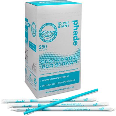 phade Eco-Friendly 10.25" Giant Drinking Straws 250 Count - Sustainable Marine Biodegradable Compostable Individually Wrapped, 1 Pack