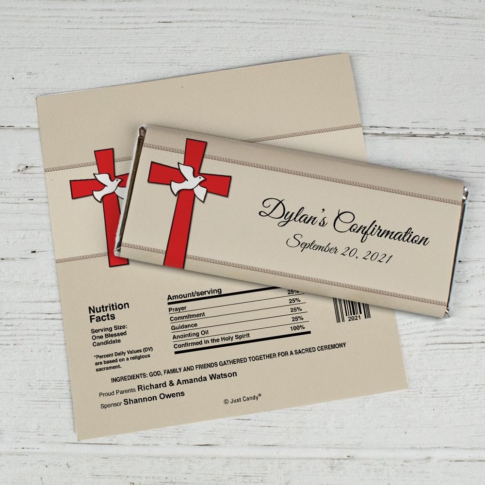 25ct Confirmation Favors Personalized Wrappers for Chocolate Bars (25 Pack) - Dove and Cross