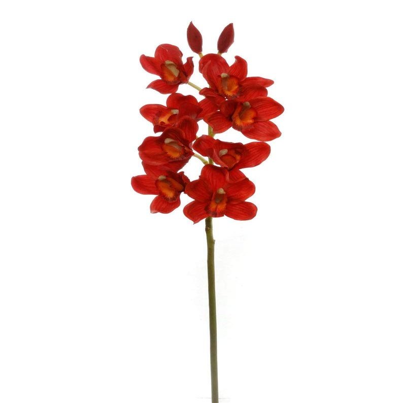 Silk Cymbidium Orchid Stem - Red 30" Long with 10 Flowers and 2 Buds | Lifelike Artificial Floral Stem | Striking Red Color for Bold Statement | Includes One Stem per Order
