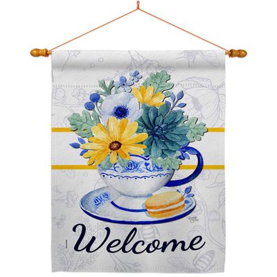 Afternoon Tea Bouquet House Flag Dowel Set Garden Floral Sunflower Tulip Rose Orchid Lilies Season Springtime Flower Wreath Small Decorative Gift Yard Banner Double-Sided Made In USA 28 X 40