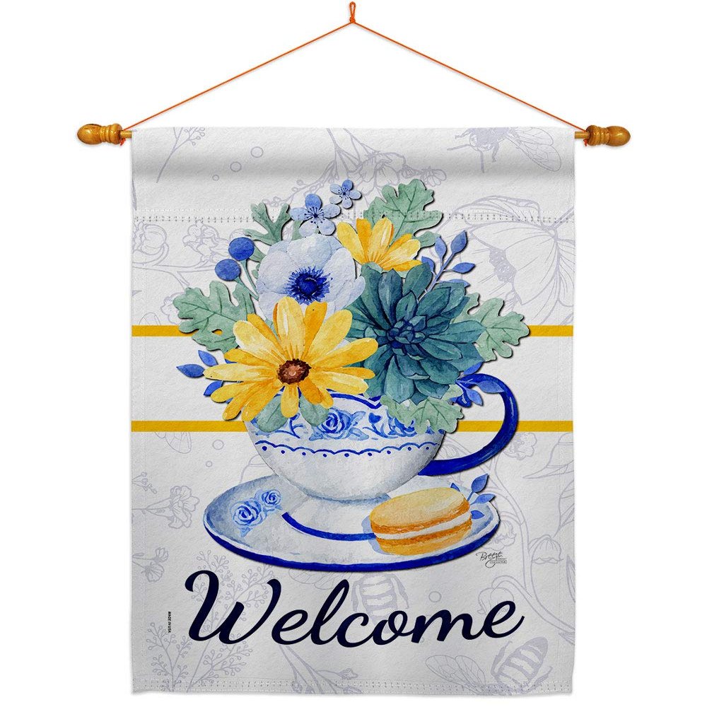 Afternoon Tea Bouquet House Flag Dowel Set Garden Floral Sunflower Tulip Rose Orchid Lilies Season Springtime Flower Wreath Small Decorative Gift Yard Banner Double-Sided Made In USA 28 X 40