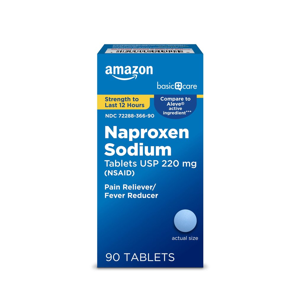 Amazon Basic Care Naproxen Sodium Caplets 220 mg, 12-Hour Fever Reducer (NSAID) and Pain Reliever for Muscle Aches, Backache, Headache, Toothache, Minor Arthritis, 90 Count (packaging may vary)