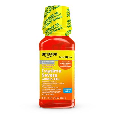 Amazon Basic Care Severe Daytime Cold & Flu, Maximum Strength Liquid Medicine, Relieves Aches, Pain, Fever, Cough, Nasal & Chest Congestion, Sore Throat, Original Flavor, 8 fl oz (Pack of 1)