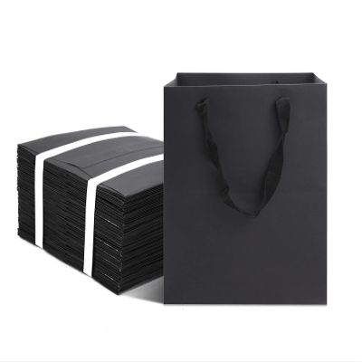 HUAPRINT Black Paper Bags With Handles - 12 Pack, 6x6x6 Inch Square Size, Gift, Shopping, Kraft, Party, Favor, Birthday, Goody, Take-Out, Merchandise, Retail