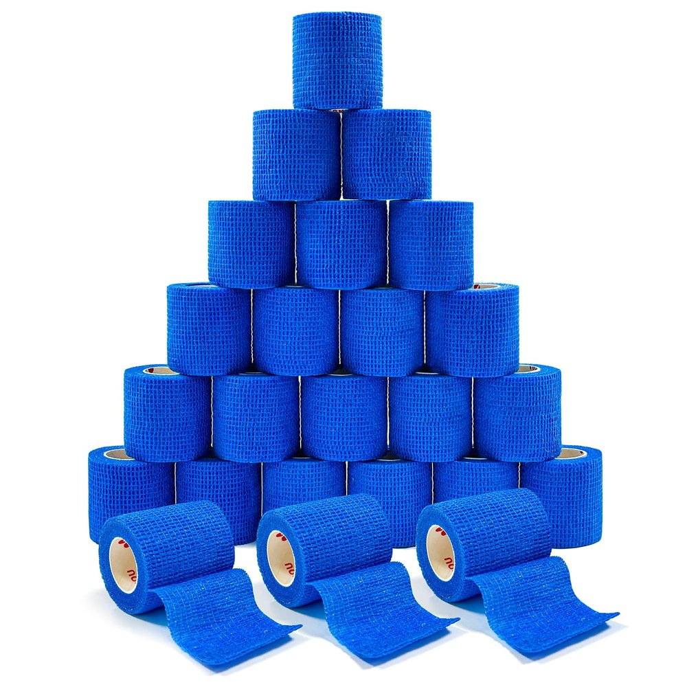 [24Pack 2" x5 Yards] Blue-Self Adhesive Bandages Pre Wrap, Athletic Elastic Cohesive Bandage for Sports, Injuries, Treatments, and Recovery, First Aid Tape Vet Wrap for Cat, Dog