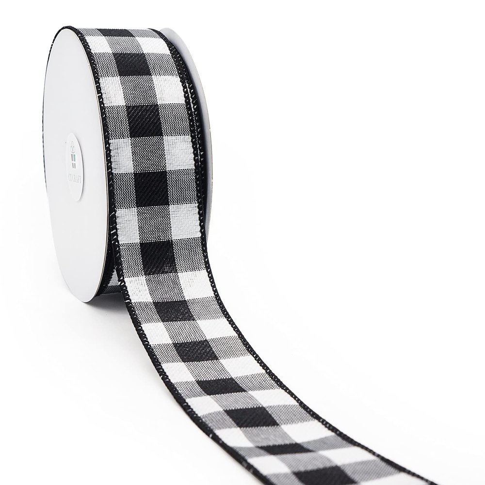 CT CRAFT LLC Plaid Cambridge Gingham Buffalo Wired Ribbon 1.5" x 20 Yards Black and White for Christmas Home Decor Tree Topper Bow Gift Wrapping DIY Crafts Wreath Garland Wedding