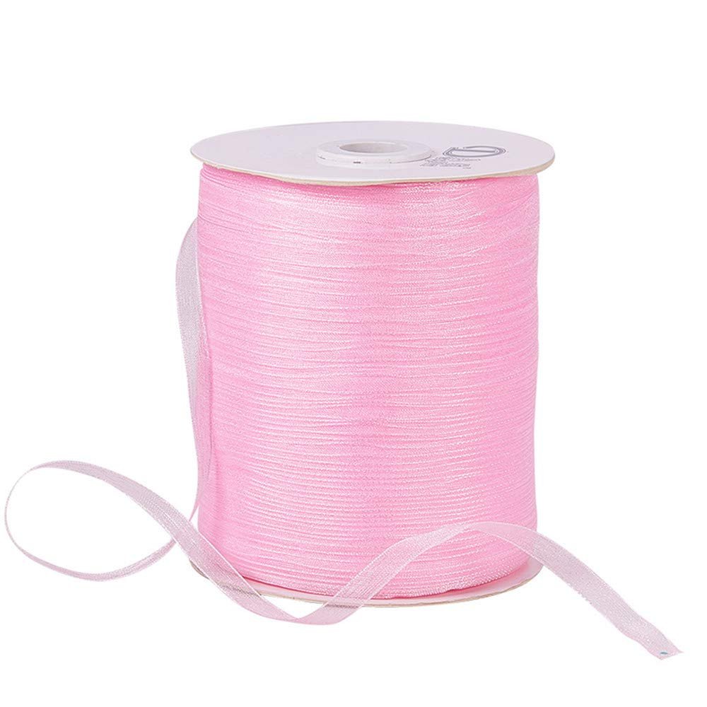 Pandahall 500Yards Sheer Lithe Organza Ribbon 1/4 Inch Wide Transparent Chiffon Ribbon for Wrapping Wedding DIY Decoration (Pink)