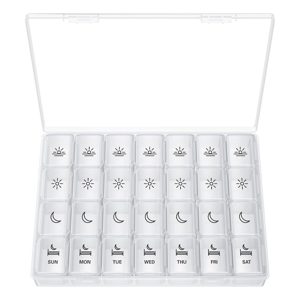 XL Pill Organizer 4 Times a Day, BUG HULL Extra Large Weekly Pill Box Case, 7 Day Vitamin Container Daily Pill Holder for Cod-liver oil, Vitamins, Supplements (White)