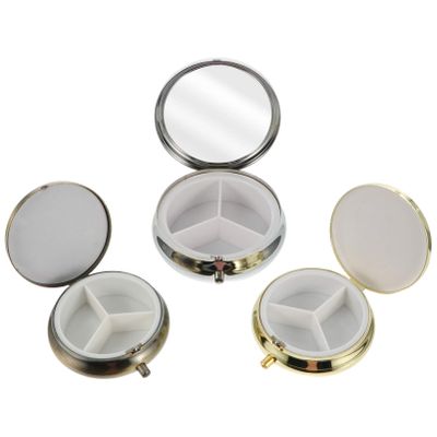 3pcs Round Portable Metal Pill Storage Boxes with Mirror Medication Organizer for Travel Lightweight and Airtight for Vitamins and Daily Use