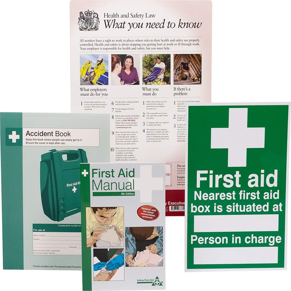 Safety First Aid HSE Compliance Pack with HSE Law Poster, Accident Book, First Aid Manual and Sign