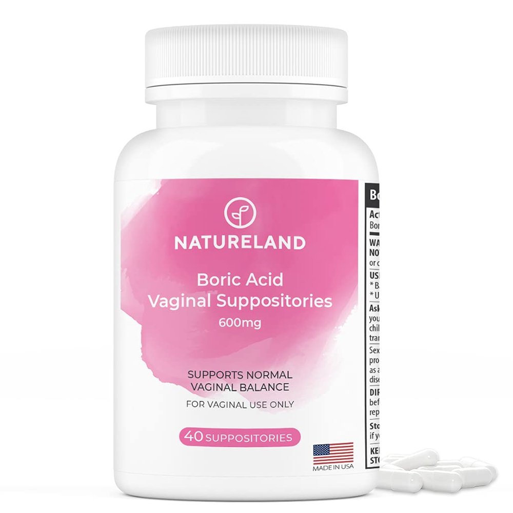 Natureland Boric Acid Suppositories for Women - 600mg, 40 Count - Made in USA - Feminine Care for pH Balance & Odor Control - Unscented Intimate Health Support