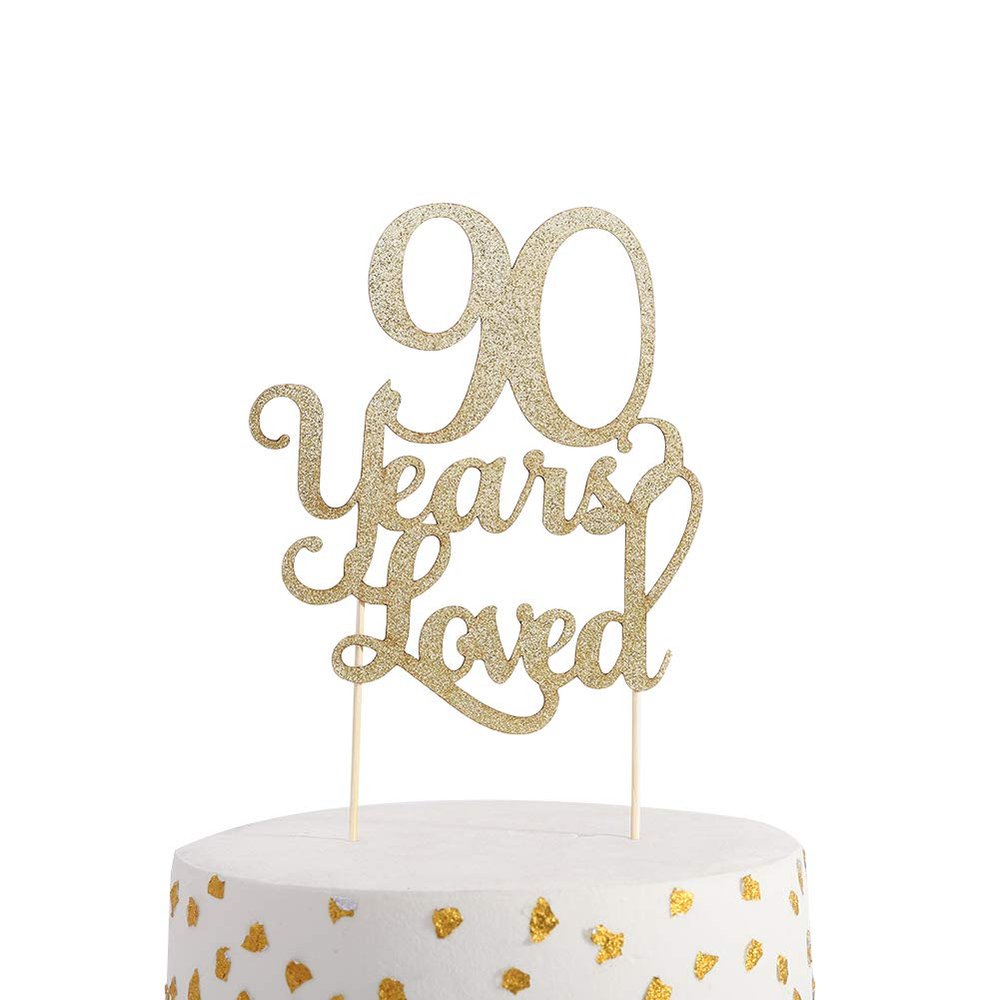 WAHAWU 90 Years Loved 90th Birthday & Anniversary Cake Topper, Glitter Photo Decoration Props
