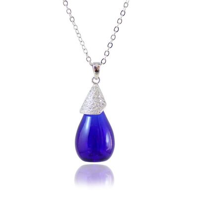 1PC Glass Water Drop Perfume Bottle Necklace Essential Oil Bottle Pendants with Diffuser Hole Women Gift (Dark Blue-Silver)