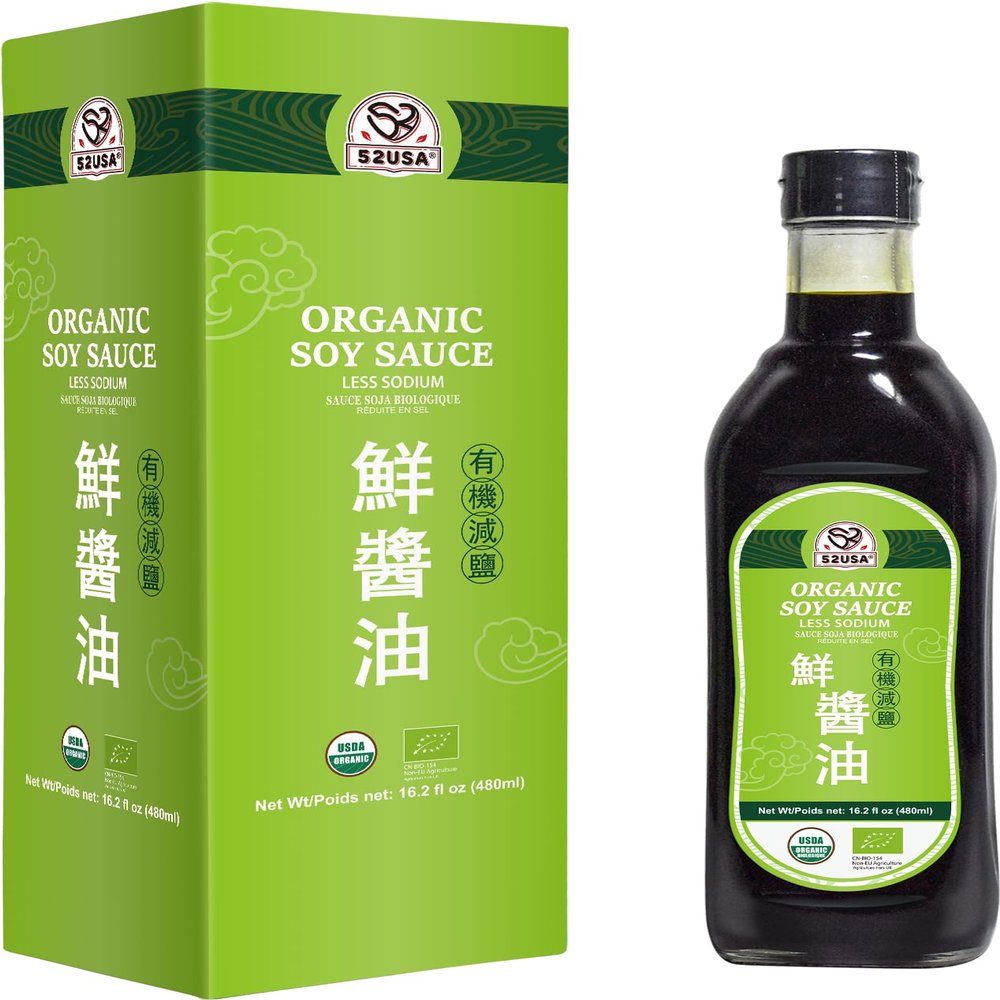 52USA Organic Soy Sauce Low Sodium, 16.2oz(480ml), USDA Organic, Naturally Brewed Dark Soy Sauce, Pure Ingredients, Marinade for Marinating Fish, Meat & Roasted Vegetables