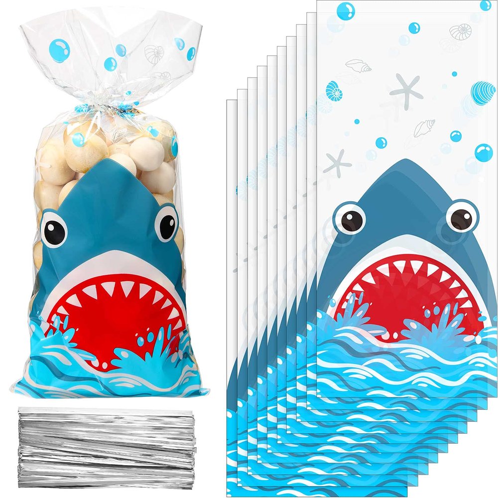100 Pieces Shark Party Bags, 12.5 x 27.5 cm/ 4.9 x 10.8 Inch Shark Plastic Candy Bags Sea Birthday Goodie Favor with 100 Silver Twist Ties for Summer Ocean Party Supplies