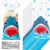 100 Pieces Shark Party Bags, 12.5 x 27.5 cm/ 4.9 x 10.8 Inch Shark Plastic Candy Bags Sea Birthday Goodie Favor with 100 Silver Twist Ties for Summer Ocean Party Supplies view 1