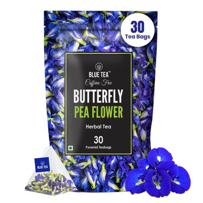 BLUE TEA - Butterfly Pea Flower Tea - 30 Count - Pyramid Plant Based Tea Bags | ANTIOXIDANT RICH | Herbal Tea - Flower Based - Caffeine Free - Detox Tea - Non Bitter | Zipper Pack