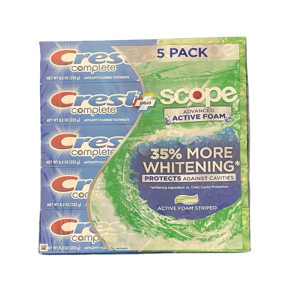 Crest Complete Toothpaste Plus Scope Advanced Active Foam, Striped, 8.2 Ounce (Pack of 5)