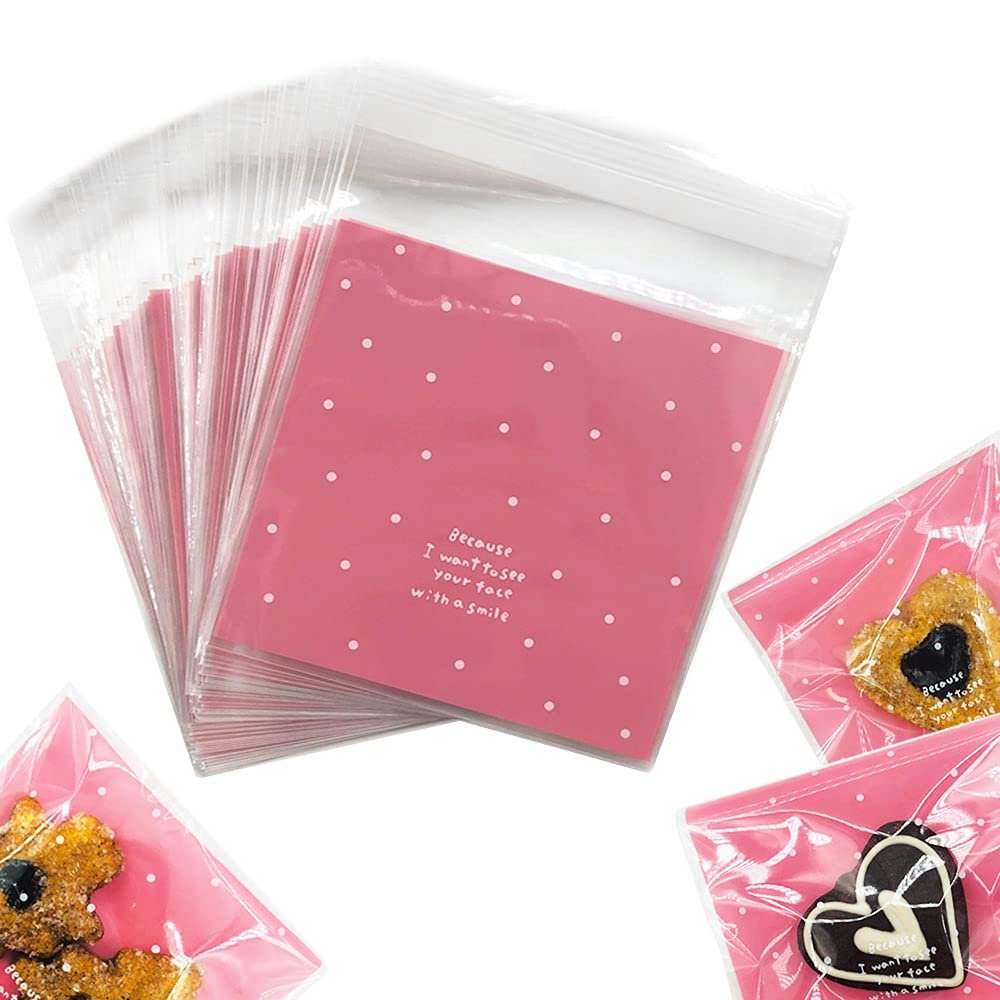 Artboil 100pcs Pink Self-Adhesive Treat Bags Small Cellophane Cookie Bags for Candy, Bakery, Party & Wedding Favors (3.94 x 3.94)