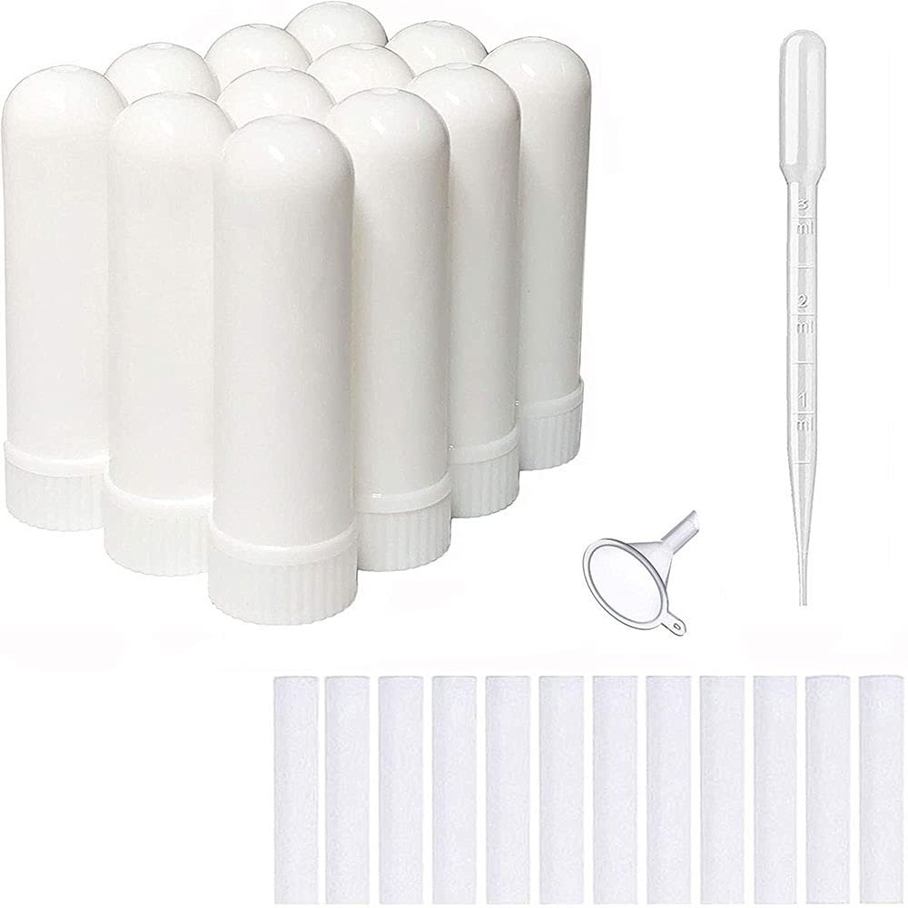 12 Pcs Essential Oil White Nasal Inhaler Tubes Refillable Empty Plastic Nasal Inhalers Sticks for DIY Essential Oil and Other Liquid with 12 Pcs Cotton Wicks