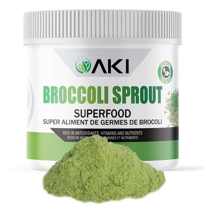 AKI Broccoli Sprout Powder - Ideal in Vitamins & Sulforaphane - Superfood for Green Veggie Smoothie Beverage or Meal - Non-GMO (5.29oz/150g)