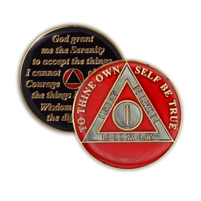 1 Year Sobriety Coin | Triplate AA Chip Recovery Anniversary Token (Red)
