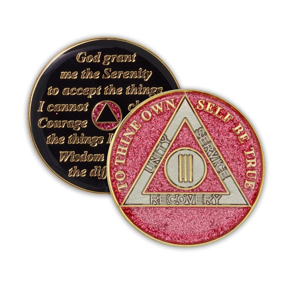 3 Year Sobriety Coin | Glitter Triplate AA Chip Recovery Anniversary Token (Pink)