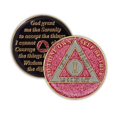 10 Year Sobriety Coin | Glitter Triplate AA Chip Recovery Anniversary Token (Pink)