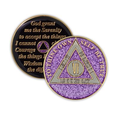 6 Year Sobriety Coin | Glitter Triplate AA Chip Recovery Anniversary Token (Purple)