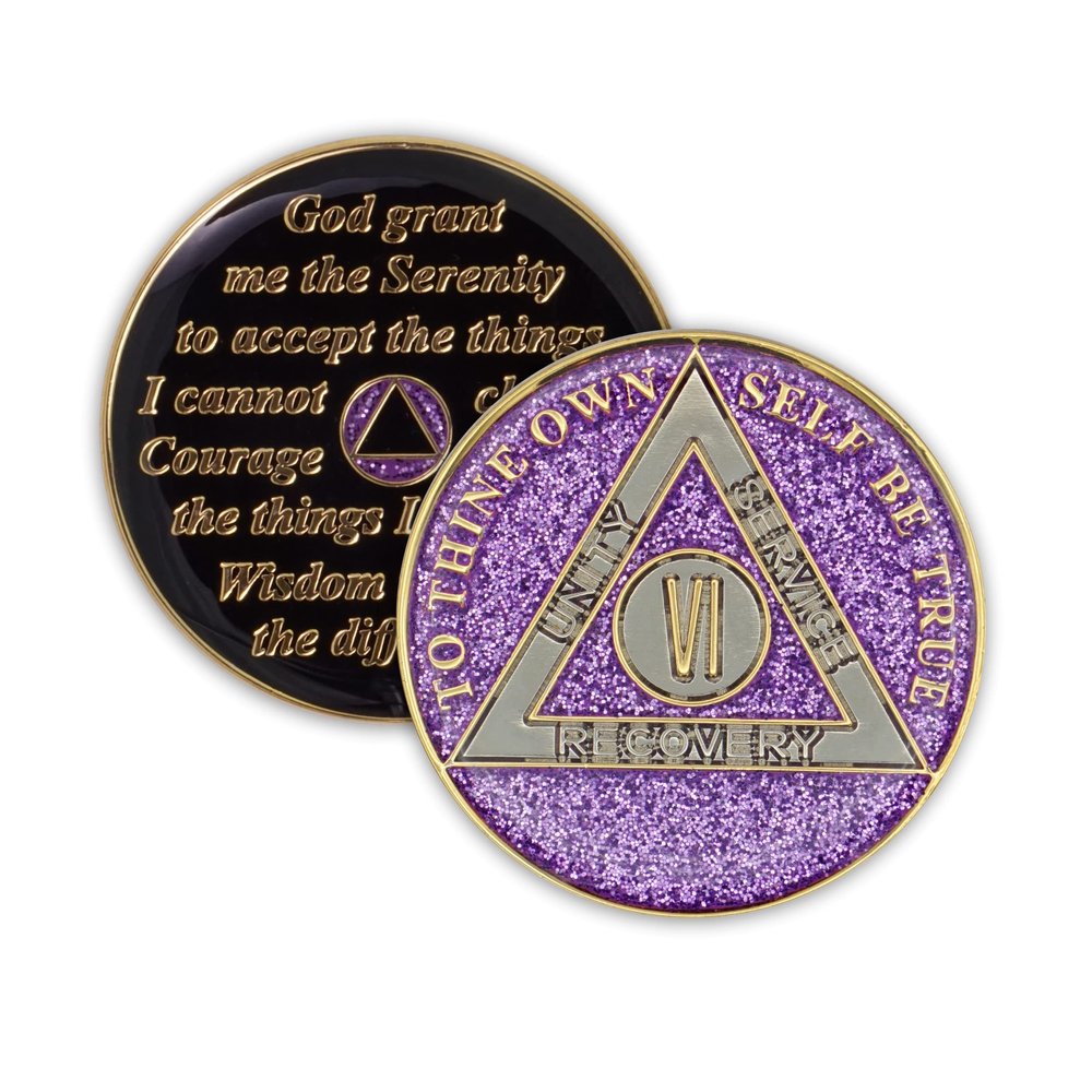 6 Year Sobriety Coin | Glitter Triplate AA Chip Recovery Anniversary Token (Purple)