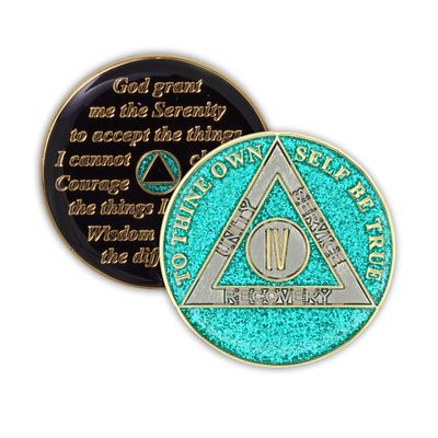 4 Year Sobriety Coin | Glitter Triplate AA Chip Recovery Anniversary Token (Aqua)