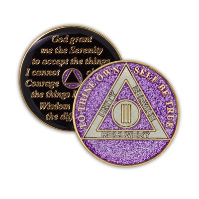3 Year Sobriety Coin | Glitter Triplate AA Chip Recovery Anniversary Token (Purple)