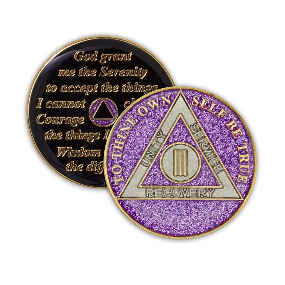 3 Year Sobriety Coin | Glitter Triplate AA Chip Recovery Anniversary Token (Purple)