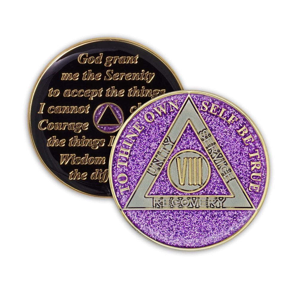 8 Year Sobriety Coin | Glitter Triplate AA Chip Recovery Anniversary Token (Purple)