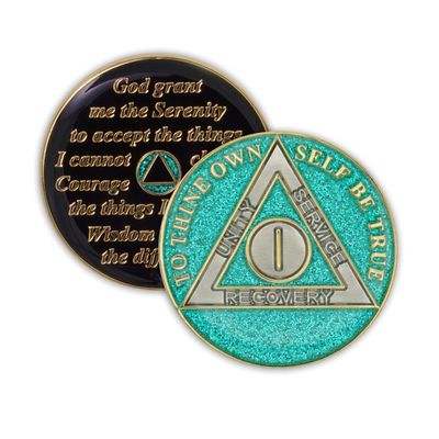 1 Year Sobriety Coin | Glitter Triplate AA Chip Recovery Anniversary Token (Aqua)