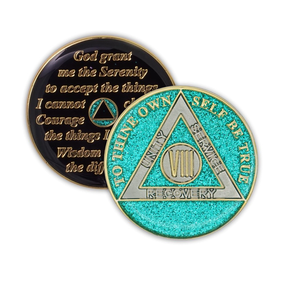 8 Year Sobriety Coin | Glitter Triplate AA Chip Recovery Anniversary Token (Aqua)