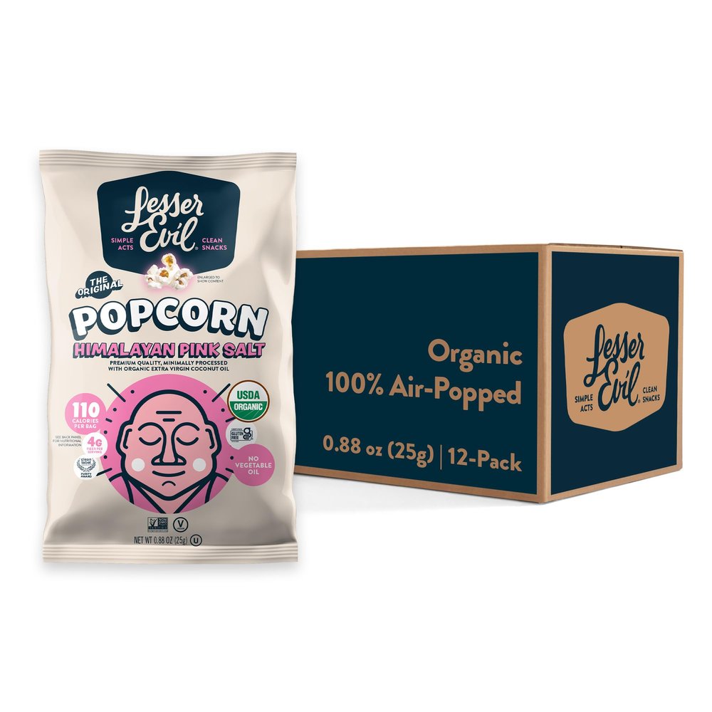 LesserEvil Himalayan Pink Salt Organic Popcorn, No Artificial Ingredients, Coconut Oil, Pack of 12, 0.88 oz Bags