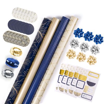 WRAPAHOLIC Navy Wrapping Paper Set - Gold and Navy Wrapping Paper Bundle with Gift Bow & Ribbon & Tag & Sticker, Perfect for Christmas, Birthday, Holiday, Father's Day, Baby Shower