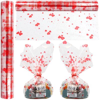 Cellophane Wrap Roll Hearts Design | 100 Ft. Long X 16 in. Wide | 2.3 Mil Thick Crystal Clear with Red Hearts | Gifts, Baskets, Treats, Flowers, Cello Wrapping Paper | Hearts Design Cellophane for Birthdays, Holidays, Graduations | by Anapoliz