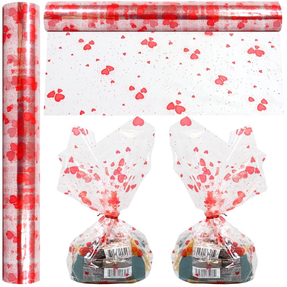 Cellophane Wrap Roll Hearts Design | 100 Ft. Long X 16 in. Wide | 2.3 Mil Thick Crystal Clear with Red Hearts | Gifts, Baskets, Treats, Flowers, Cello Wrapping Paper | Hearts Design Cellophane for Birthdays, Holidays, Graduations | by Anapoliz