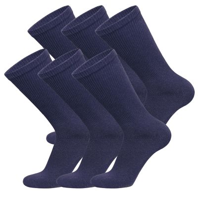 6 Pairs of Cotton Diabetic Non-Binding Neuropathy Crew Socks (Navy, Fits Mens shoe size 9-12/Womens shoe size 10-13)