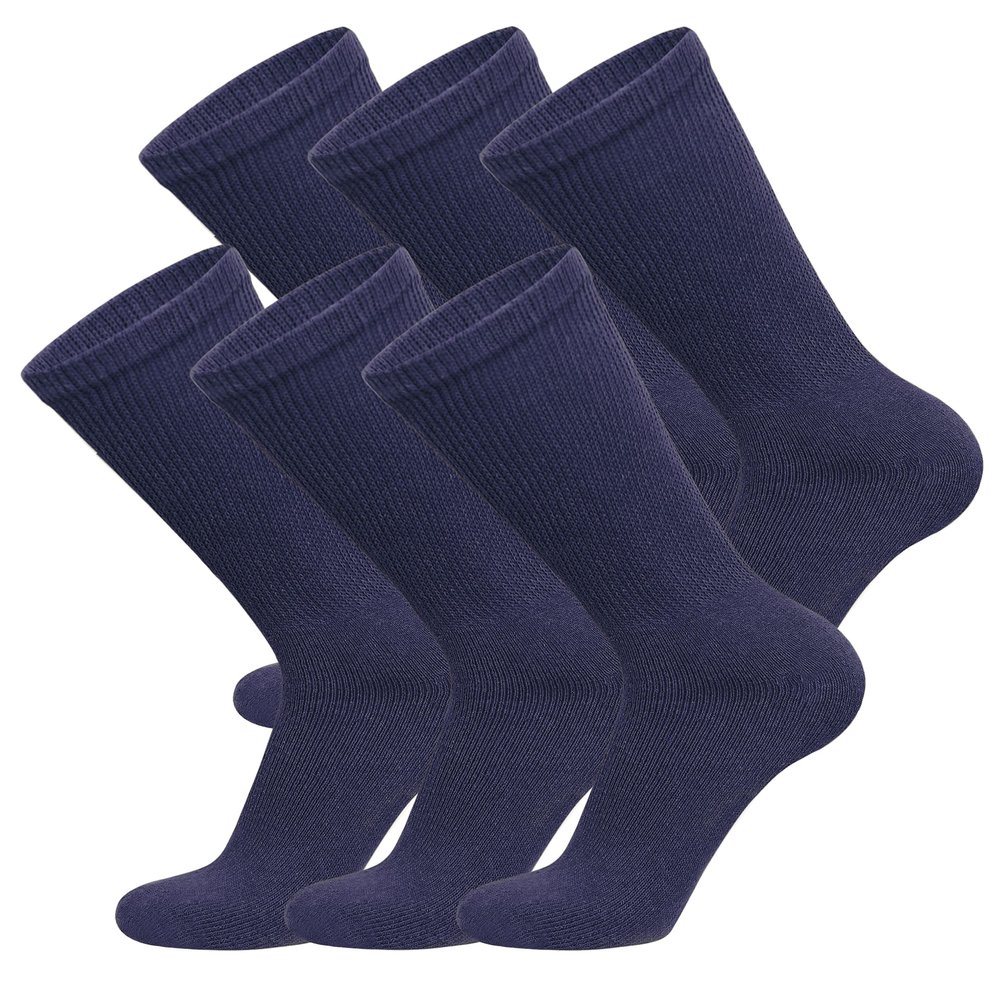 6 Pairs of Cotton Diabetic Non-Binding Neuropathy Crew Socks (Navy, Fits Mens shoe size 9-12/Womens shoe size 10-13)