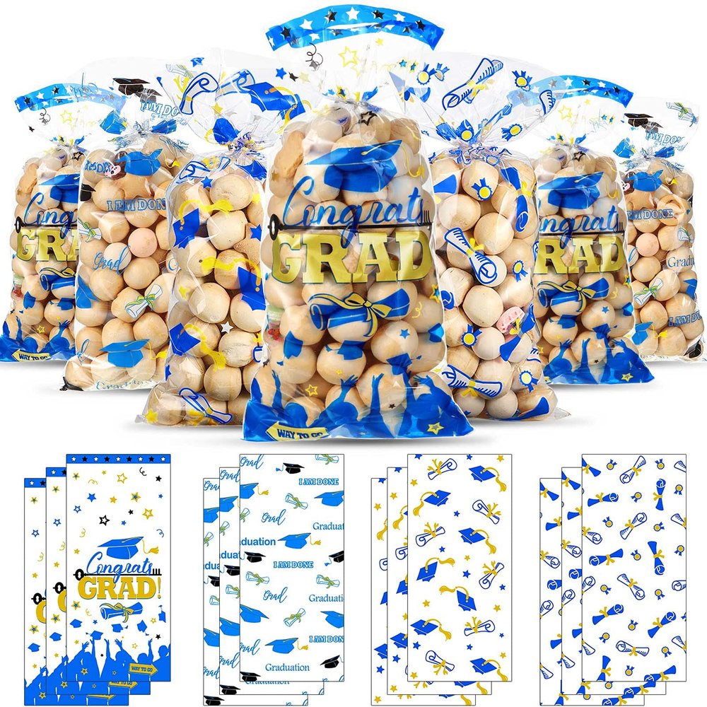 Blulu 100 Pieces 2025 Graduation Cellophane Treat Bags,Congrats Graduates Candy Plastic Clear Goodies Wrapping Bags with 200 Pieces Twist Ties for Graduation Day Grad Party Supplies(Blue)