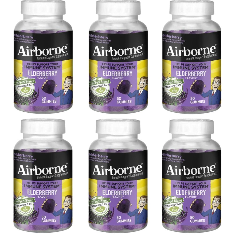Airbrone Vitamin C + Zinc Immune Support Supplement Gummies for Adults, Elderberry Flavor, Gluten Free Crafted Blend with Powerful Antioxidants Vitamins C D & E, 50 Gummies (6 Pack)