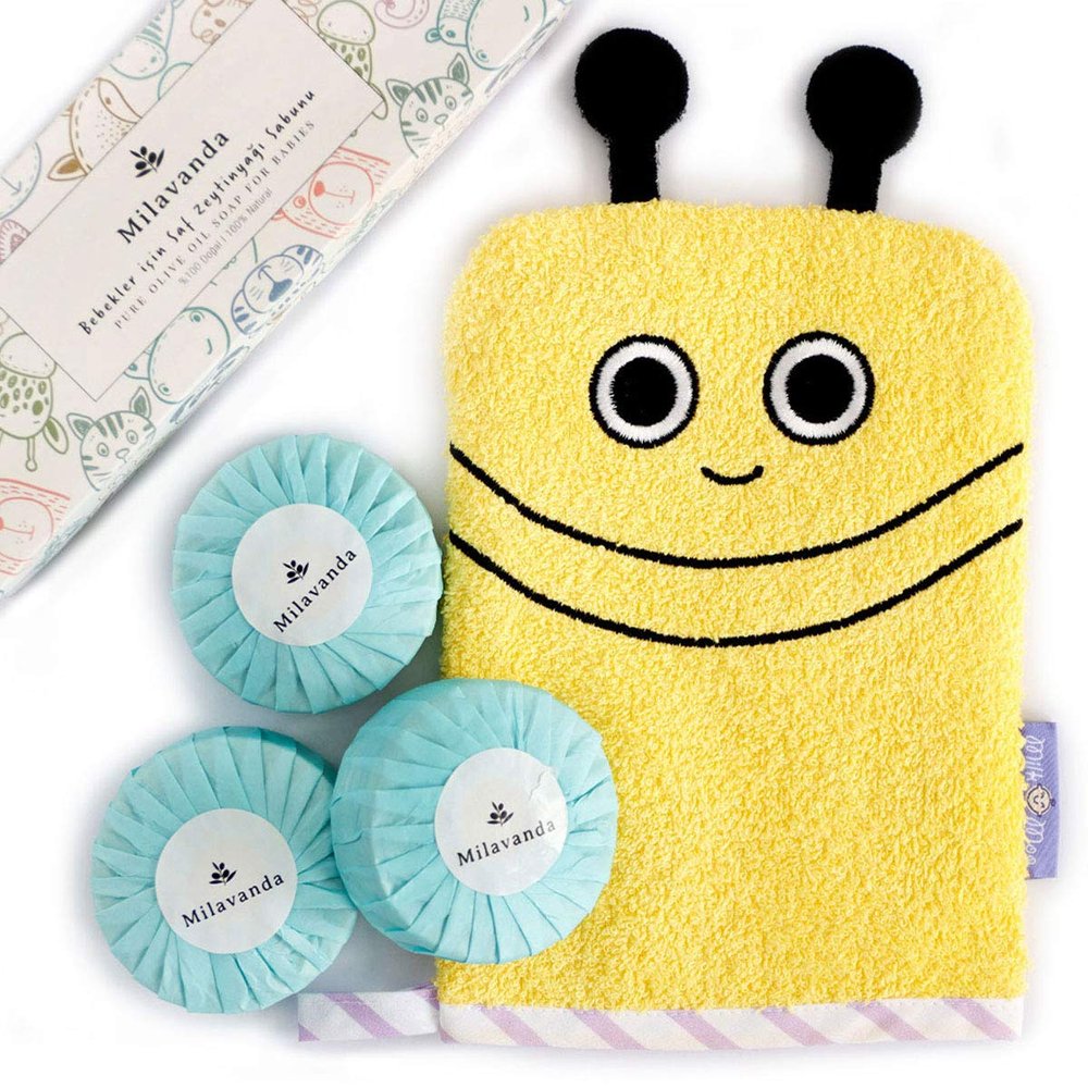 Milk&Moo Baby Bath Glove, 100% Cotton Oeko-Tex Certificated Baby Sponge for Bathing, Milavanda Handmade Baby Soap, Natural Body Wash Set for Newborn and Kids