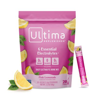 Ultima Replenisher Daily Electrolyte Powder Pink Lemonade, 20 Stickpacks Zero Sugar Hydration Packets with 6 Electrolytes and Minerals Sugar Free, Plant Based & Keto Friendly Drink Mix